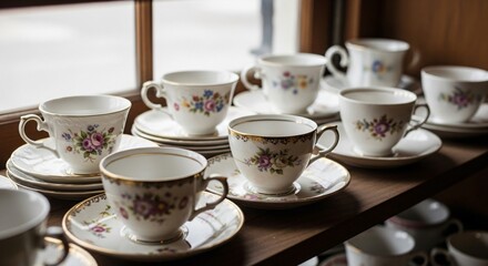 Fototapeta premium Collection of elegant floral teacups on wooden shelf
