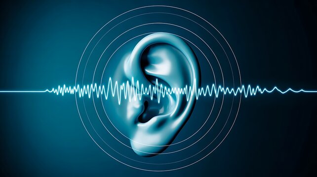 Human ear with sound wave representing hearing technology
