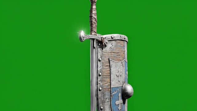 Old wooden door with a rusty metal handle and lock isolated on a green background