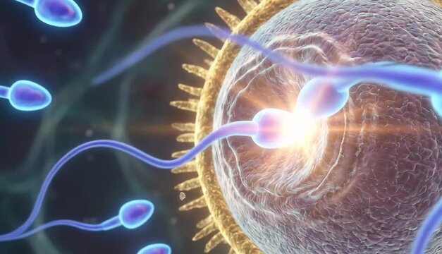 3D medical illustration of numerous spermatozoa racing to fertilize human egg cell, conception process graphics