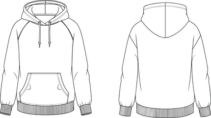 Hoodie sweatshirt technical line illustration showing front and back views with hood drawstrings pocket cuffs and ribbed hem apparel details