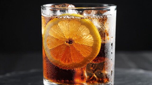 Close-up of a fizzy, chilled beverage with lemon slice and ice in a glass, on a dark backdrop