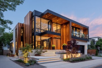 Fototapeta premium Modern luxury home with striking wood, glass, concrete at dusk. Perfect for luxury architecture, real estate, or modern living themes.
