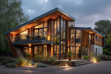 Naklejka premium Striking modern house, wood facade, large glass, and ambient lighting. Ideal for real estate, architecture, luxury living, and home design.