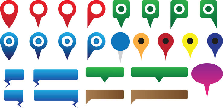 Map location pins and speech bubble labels in vector file.
Perfect for maps, GPS navigation, infographics, web and app UI, pointers, callouts and modern business presentations.