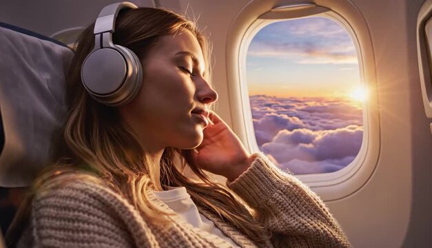 Young beautiful Caucasian woman sitting by airplane window with headphones eyes closed listening music daytime