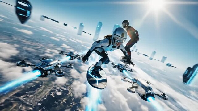Futuristic hoverboarding: woman gliding over city with drones, wearing sleek white suit and helmet, tech-infused cityscape