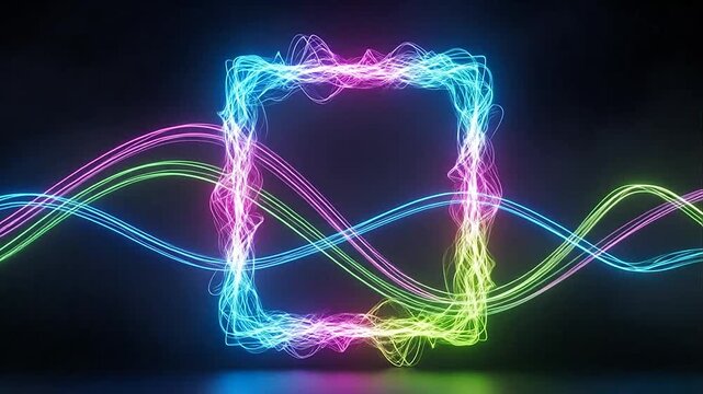 Vibrant neon light frame surrounded by abstract glowing wavy lines creating a futuristic border on a dark background