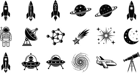 Space silhouette icon set featuring rockets planets astronaut UFOs telescope galaxy shooting star molecular symbol cosmic elements and astronomy themed designs © MdAnoar
