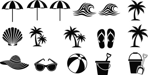 Summer beach silhouette icon set featuring umbrellas waves palm trees flip flops shell sunglasses ball bucket and seaside vacation elements © MdAnoar
