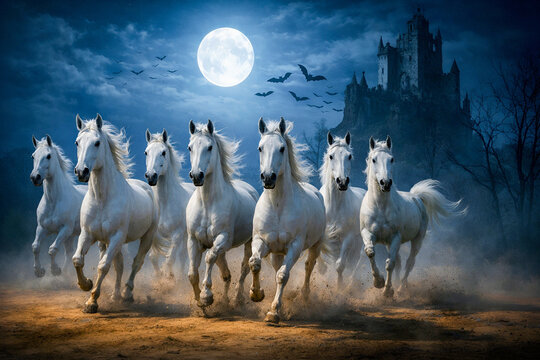 Seven White Horses Running at Night under Full Moon with Gothic Castle and Bats for Vastu Shastra and Power Concept Ai Genreted 