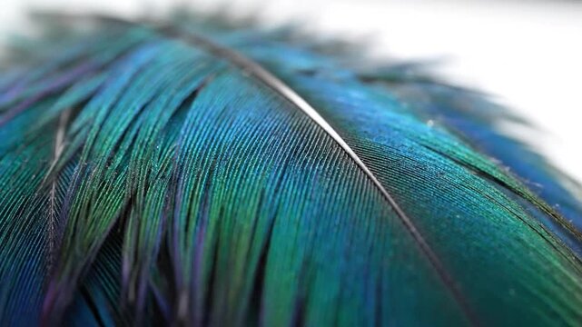Macro shot of a vibrant blue and green iridescent feather against a blurred white backdrop