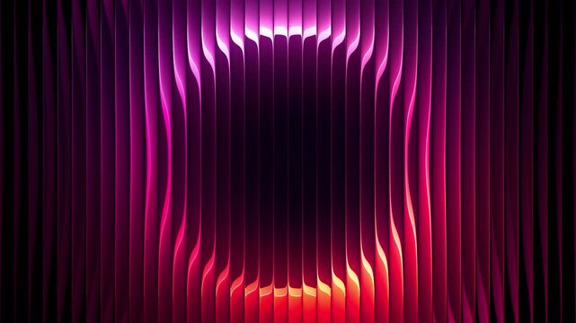 Glowing slowly rotating circle refracted through ribbed glass. Luminous rotating ring distorted by textured glass. Vibrant deep pink orange light waves spinning behind vertical lines. Seamless loop 4K