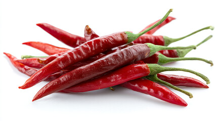 A pile of fresh red chili peppers with green stems on a white background