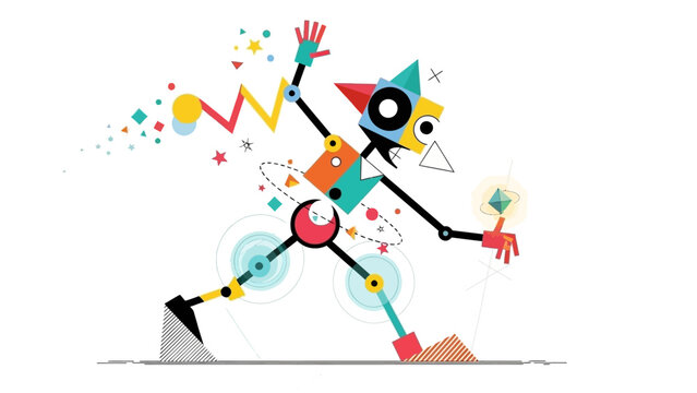 Colorful Cartoon Robot Character in Action Pose.