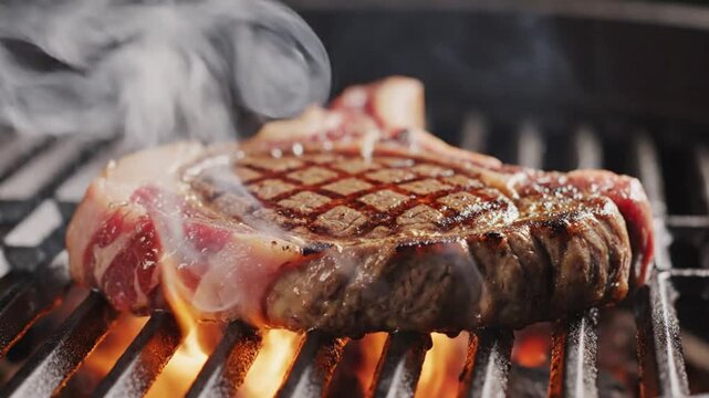 A thick cut of meat with prominent grill marks sizzles and smokes on a metal grate above bright orange flames rendering fat from its edge