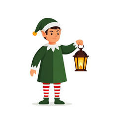 A cheerful Christmas elf in a green costume and striped socks, holding a glowing lantern. Perfect for holiday designs and festive themes.