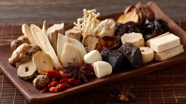 A brown plate filled with various traditional Chinese medicinal herbs and ingredients on a wooden table