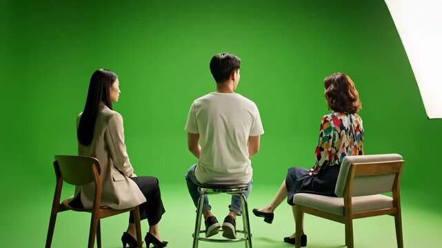 Green Screen chroma key back view group of young people sitting on chairs 4k uhd prores 4444 scene 2 with distortion, overlay, glitch, static noise, scan lines black background, animated video loop
