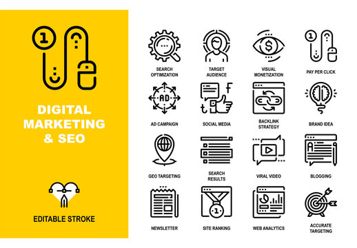 Vector set of digital marketing and SEO line icons. Pixel perfect 48X48 size grid with adjustable strokes. Professional vector icons for web, social media and business promotion