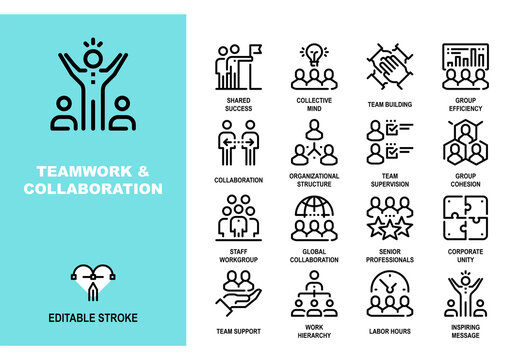 Vector set of teamwork and collaboration line icons. Each icon is designed on a pixel perfect 48X48 size grid with adjustable strokes. Professional symbols for business unity and group success