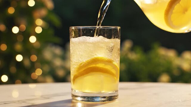 A glass being filled with a refreshing beverage, with lemon slices and ice. Blurred bokeh background