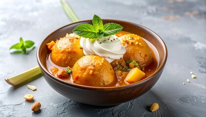 Delicious Thai Curry with Dumplings and Fresh Mint Garnish.