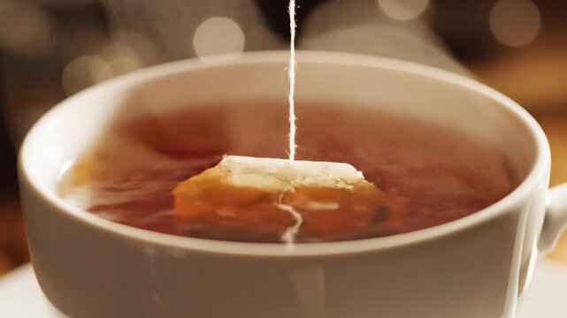 Close-up of a white cup brewing tea, a teabag steeping, with steam rising