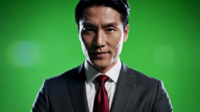 Green Screen portrait of attractive successful businessman on background scene 2 with distortion, overlay, glitch, static noise, scan lines black background, 4k animated video loop