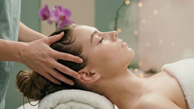 Young woman receiving a relaxing head and scalp massage from a professional therapist in a peaceful spa salon setting with orchid flowers