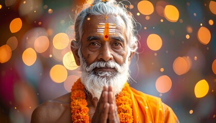 Portrait of an elderly Indian man with a white beard and tilak on his forehead, hands in prayer, with bokeh lights in the background.