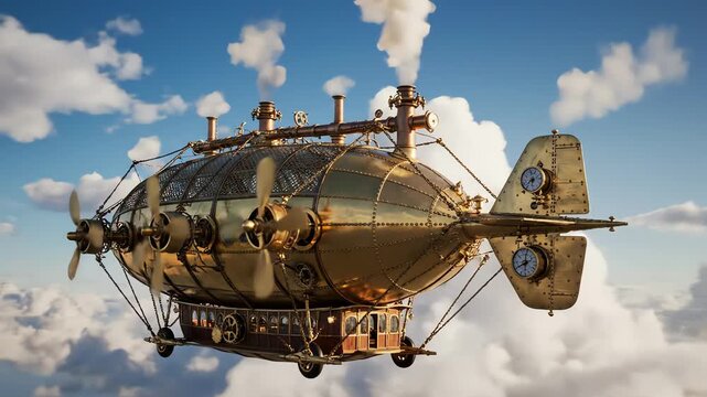 Industrial smoke and steam rising into the sky from a factory and a steam locomotive with machinery and transport elements
