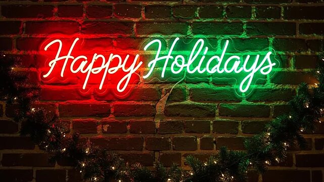 Bright red and green neon sign displaying "Happy Holidays" text on a dark brick wall adorned with festive string lights and garland, holiday decoration