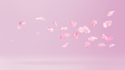 Creative art collage of flying pink sakura cherry blossom petals on pink background. Concept of spring nature, floral perfume aroma, wedding romance or Mother's Day card. © Agave Studio