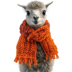 Obraz premium A joyful alpaca in an orange scarf shows a cute, playful expression