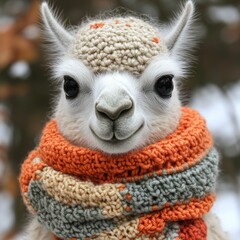 Fototapeta premium Adorable llama dons a handmade scarf, showing off a charming smile in cool weather