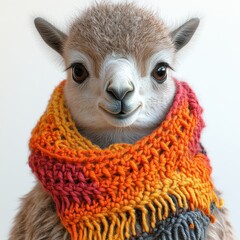 Obraz premium A young llama displays a friendly expression while wearing a vibrant scarf, spreading joy