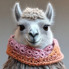Obraz premium Charming llama showcases a soft expression while donning a cozy crocheted scarf