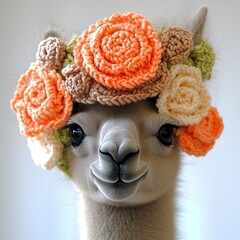 Obraz premium Alpaca adorned with a handmade floral crown brightens up the cozy indoor space