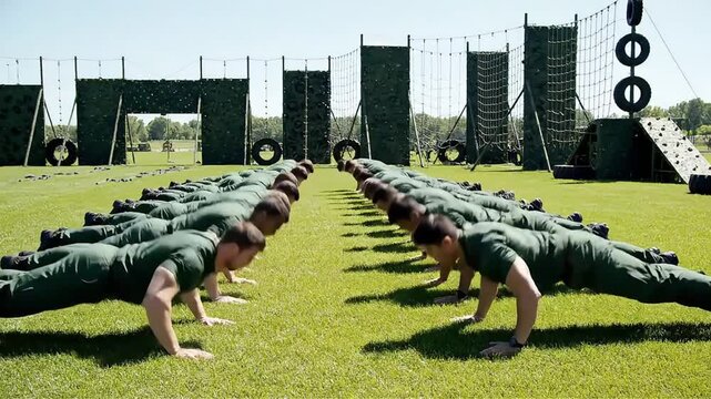 Line of military cadets performing synchronized push-ups on a training field under bright sunlight demonstrating teamwork and rigorous physical conditioning for recruitment