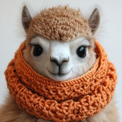 Obraz premium A charming alpaca wears a handmade orange scarf, radiating happiness and warmth