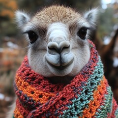 Obraz premium A charming llama in a scarf wins hearts with its gaze in fall colors