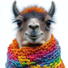 Obraz premium A cheerful llama showcases a bright crochet scarf while posing warmly for onlookers