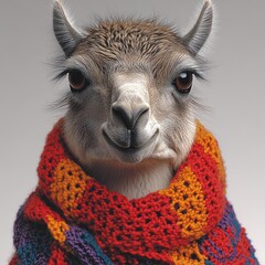 Obraz premium A clever llama wearing a vibrant knitted scarf captures hearts with its warm gaze