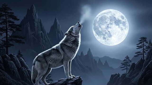 Majestic gray wolf howling at a bright full moon in a serene mountain landscape with pine trees at night