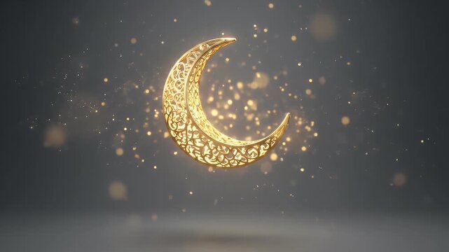 Ornate golden crescent moon with arabesque pattern floating on grey background with sparkles