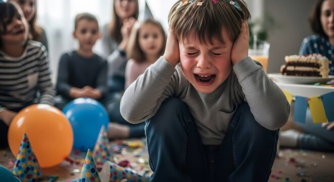 Crying boy at a birthday party covering his ears. Child experiencing sensory overload or meltdown for neurodiversity and difficult parenting.