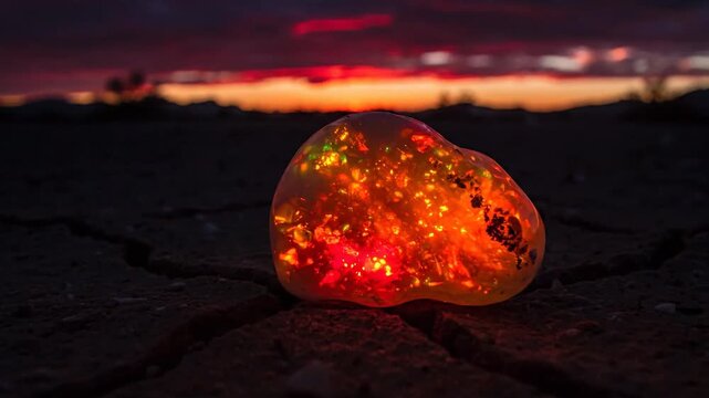 Fire Opal Blazing with Internal Light at Desert Sunset