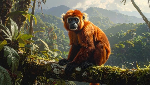 A reddish-orange monkey sitting on a mossy tree branch in a lush tropical rainforest, facing forward with a curious expression, misty mountains and dense green foliage in the background.