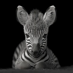 Fototapeta premium A delightful baby zebra gazes curiously while lying down, showcasing its striking stripes